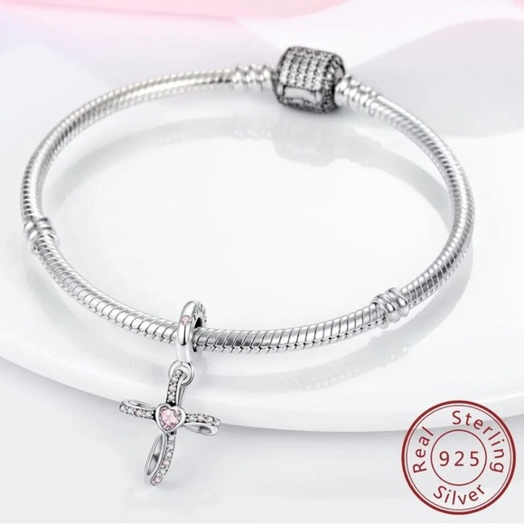 NWT 925 Sterling Silver Cross Charm w/ pink zircon heart accent - Picture 2 of 10